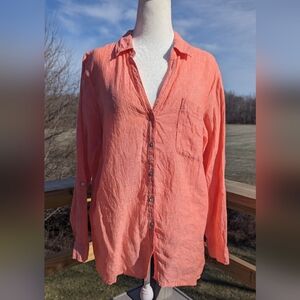 Sigrid Olson Linen Button Down V Neck Shirt Mango Orange